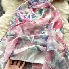 Damen Meerjungfrauenkleid mit eckigem Ausschnitt, Puffärmeln und Blumenmuster aus Chiffon