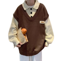 Literary Fake Two-piece Polo Collar Sweater