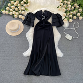 Damen Trompetenkleid mit kurzen Ärmeln und mittellangem Schlitz in A-Linie