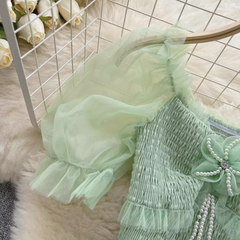 Women's square collar mesh puff sleeve blouses