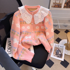 Women's fall and winter knitted cardigan with doll collar sweater