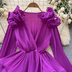 Three-dimensional flower ruffled pleated V-neck pullover blouses