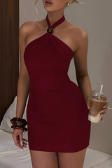 Halter Neck Bodycon Solid Color Mini Dresses - Burgundy