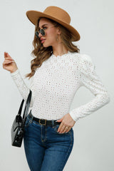 Round Neck Eyelet Long Sleeve Top