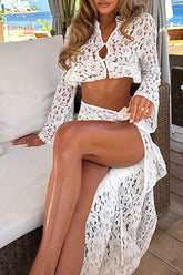 Floral Lace Flare Sleeve Crop Top See Through High Slit Maxi Skirt Set - Black