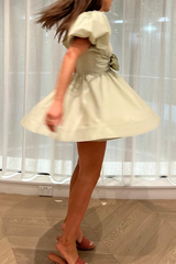 Deep V Neck Puff Sleeve Front Bow A - Line Mini Dresses - Green