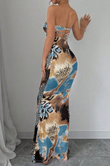Leopard Mixed Print Strapless Bodycon Fishtail Hem Maxi Dresses - Blue