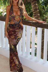 Mixed Print Cutout Slim Fit Halter Maxi Dresses - Brown