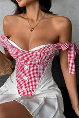 Plaid Patchwork Strapless Tie Up Drop Shoulder Corset - Red