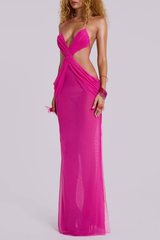 Halter Neck Ruched Cutout Backless Side Slit Maxi Dresses - Fuchsia