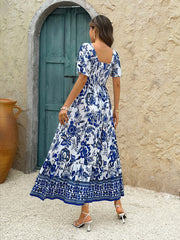 Holiday Blue Floral Print A-Line Maxi Dress
