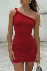 Braided Trim One Shoulder Solid Color Bodycon Backless Mini Dresses - Red
