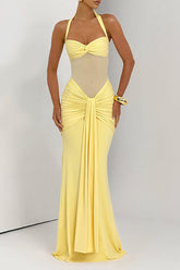 Halter Neck Mesh Patchwork Ruched Streamer Slim Fit Maxi Dresses - Yellow