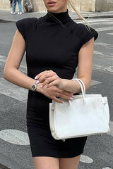 High Neck Ruched Short Sleeve Bodycon Solid Color Mini Dresses - White