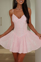 V Neckline Cinch Waist Sequin Strappy Mini Dresses - Pink Pre Order