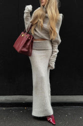 Off Shoulder Long Sleeve Sweater Textured Knit Maxi Skirt Matching Set - Beige