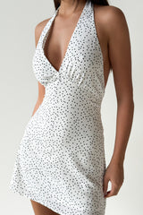 Polka Dot Print V Neck Halter Slim Fit Mini Dresses - White Pre Order