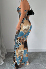 Leopard Mixed Print Strapless Bodycon Fishtail Hem Maxi Dresses - Blue