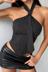 Halter Neck Tie Striped Print Casual Corset - Black