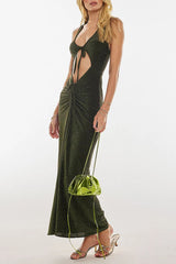 U Neck Cutout Tie Up Ruched Shimmery Maxi Tank Dresses - Green