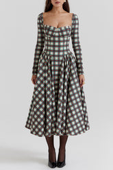 Plaid Pattern Long Sleeve Corset A - Line Pleated Midi Dresses - Red