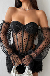 Off Shoulder Flare Sleeve Polka Dot Print See Through Mesh Corset - Black