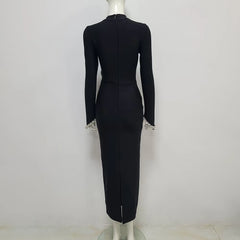Black Color Women Long Sleeve Shinning Crystal Bodycon Bandage Long Dress Celebrate Evening Party Cocktail Dress