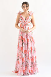 Floral Print Ruffled Straps Lace Up Backless Maxi Dresses - Pink