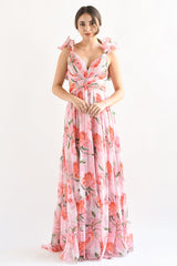 Floral Print Ruffled Straps Lace Up Backless Maxi Dresses - Pink