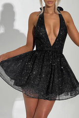 Deep V Neck Halter Glittering A - Line Party Mini Dresses - Black