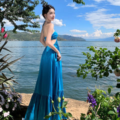 Seaside vacation beach dress, halterneck, backless suspender dress, elegant bohemian long dress