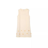 French style small fragrance A-line skirt floral heavy industry nail bead round neck ribbon dress sleeveless