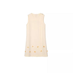 French style small fragrance A-line skirt floral heavy industry nail bead round neck ribbon dress sleeveless