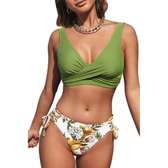 Women's V-Neck Cross Top Lace-Up Monstera Twist Bikini
