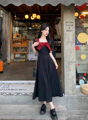 Sommerkleid für Damen mit eckigem Ausschnitt und Schleife, kurzärmelig