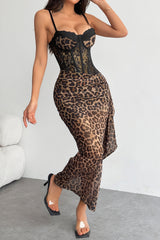 Lace Patchwork Leopard Print Bodycon Side Sash Slip Maxi Dresses - Brown
