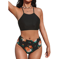 Damen Neckholder-Bademode mit Blätter-Print und hoher Taille, Strand-Bikini