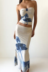 Strapless Crop Top Floral Print Fitted Maxi Skirt 2pcs Set - Beige Pre Order