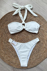 Solid Color Halterneck Ruched Bikini Swimsuit 2pcs Set - Ivory