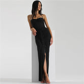 Autumn and Winter Hanging Neck One line Neck Drawn Pleated Split Slim Fit Dress