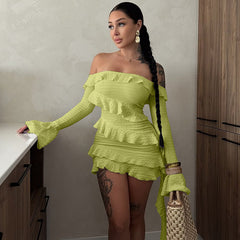 one shoulder lotus leaf edge flared sleeve ribbon dress