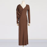 Asymmetric slim fit slimming long dress with V-neck design pleated solid color dress