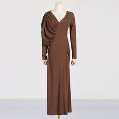 Asymmetric slim fit slimming long dress with V-neck design pleated solid color dress