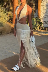 Knit Patchwork Halter Cutout Fringed Hem Maxi Dresses - Beige