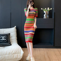 Vintage Striped Knee-Length Slim Knitted Dress Women Korean O-neck Bodycon Sweater Dresses Elegant Vestidos Mujer P704