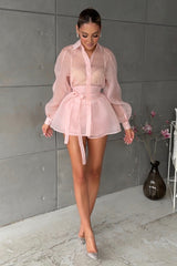 Lantern Sleeve See Through Tie Up Blouse Shorts Matching Set - Blue