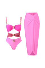 Cutout Colorblock Cami One - Piece Swimsuit Ruched Maxi Skirt 2pcs Set - Yellow