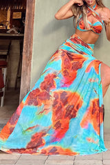 Abstract Print Halter Crop Top Side Slit Maxi Skirt 2pcs Set - Blue