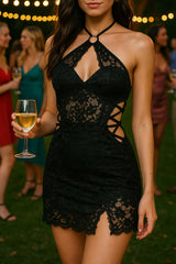 Cutout Lace Up Jacquard Lace Bodycon Halter Mini Dresses - Black Pre Order