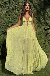 Plunge Neck Cutout Cinch Waist Glittering Slip Maxi Dresses